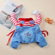 Dog outfit with red and white shirt Cute Halloween Costume blue overalls on a beige background