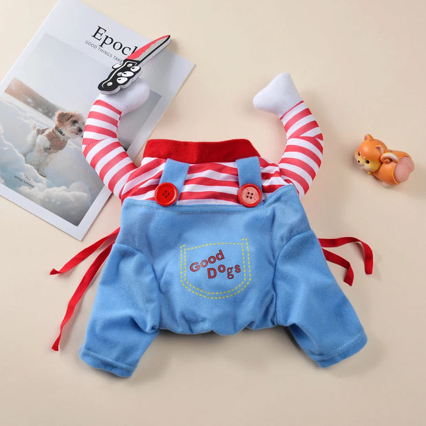 Dog outfit with red and white shirt Cute Halloween Costume blue overalls on a beige background