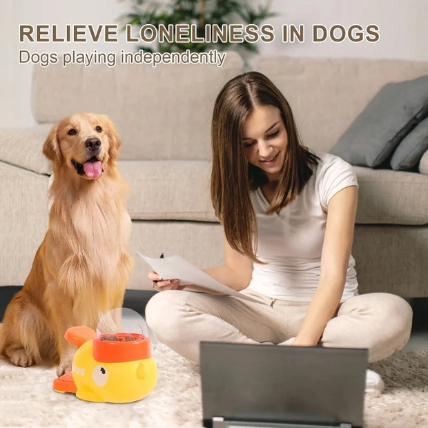 Woman sitting on the floor with a dog and Interactive Treat Dispenser Toy for Dogs, text 'Relieve Loneliness in Dogs'.