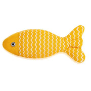 Yellow Catnip Fish Plush Toy with white zigzag pattern on a white background