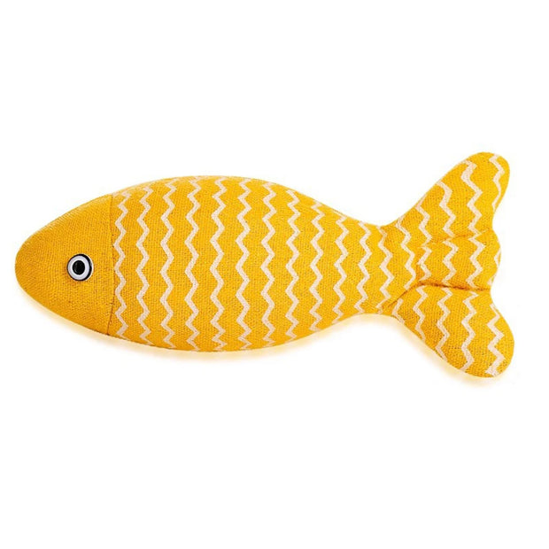 Yellow Catnip Fish Plush Toy with white zigzag pattern on a white background