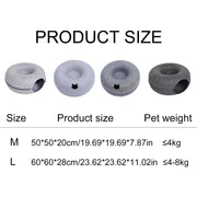 Felt Cat Cave Bed size chart with four gray cylindrical objects and corresponding measurements and pet weight limits.