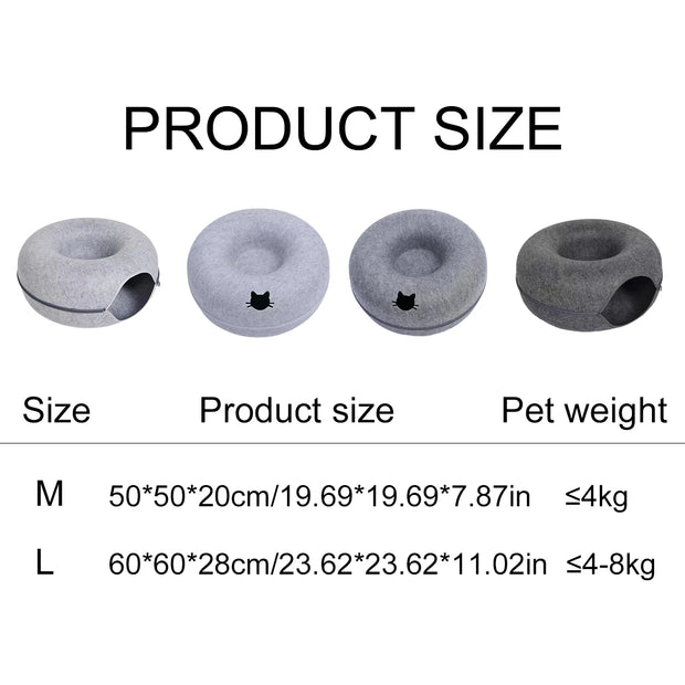Felt Cat Cave Bed size chart with four gray cylindrical objects and corresponding measurements and pet weight limits.
