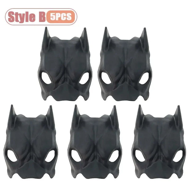 Five black Pet Avengers Mask Set with bat-like design on a white background
