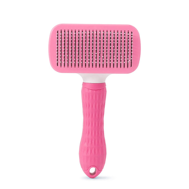 Pink Pet Grooming Brush with One Click Hair Removal on a white background