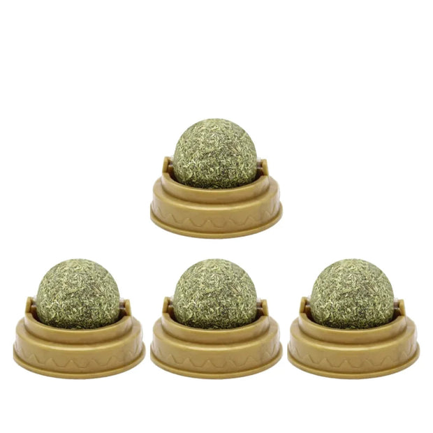 Four green Catnip Ball Toy in beige holders with '4PCS' text above on a white background
