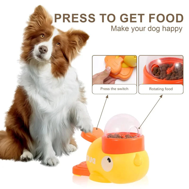 Interactive Treat Dispenser Toy for Dogs designed to dispense food with a dog sitting next to it.