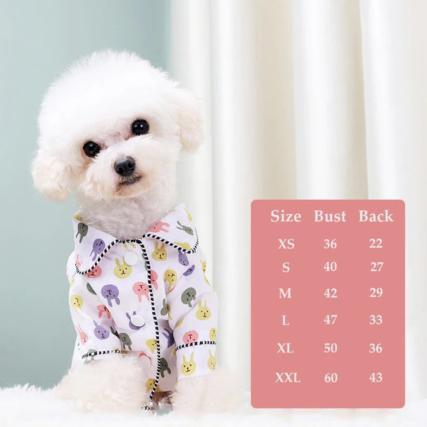 Small white dog wearing a patterned Elegant Pet Shirt with a size chart on a light background