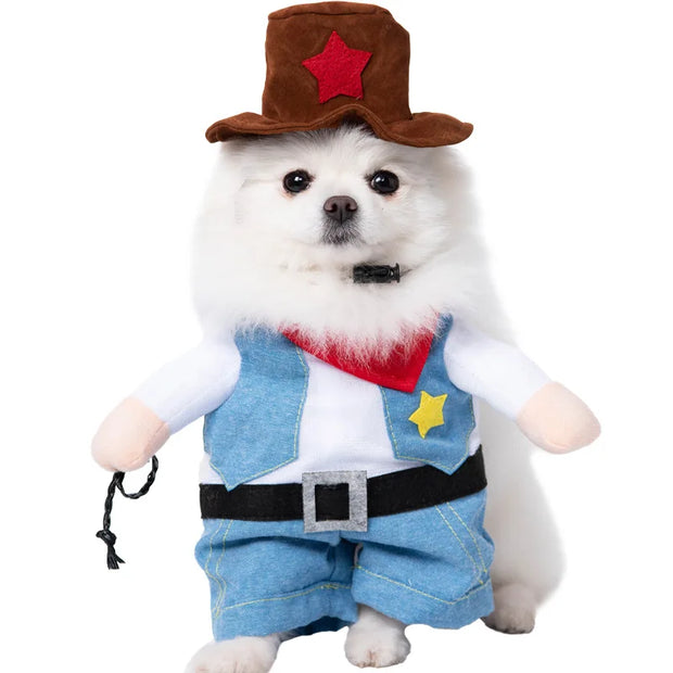 Dog wearing a cowboy Halloween Bat Skeleton Costume with a hat, vest, and pants on a white background