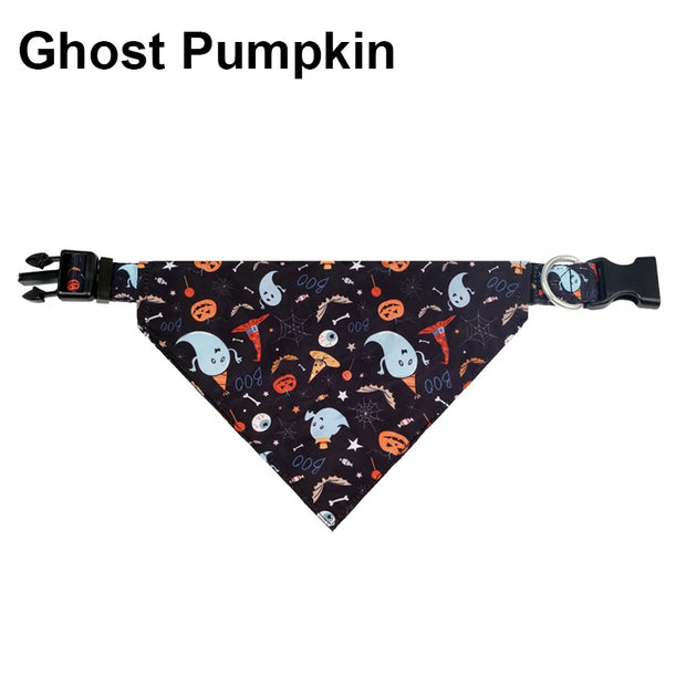 Pumpkin Paws Halloween Bandana Pet Collar Scarfwith ghosts, pumpkins, and ghosts on a black background.