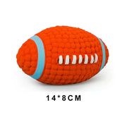Orange rugby Durable Dog Sports Balls -shaped dog toy with blue stripes on a white background