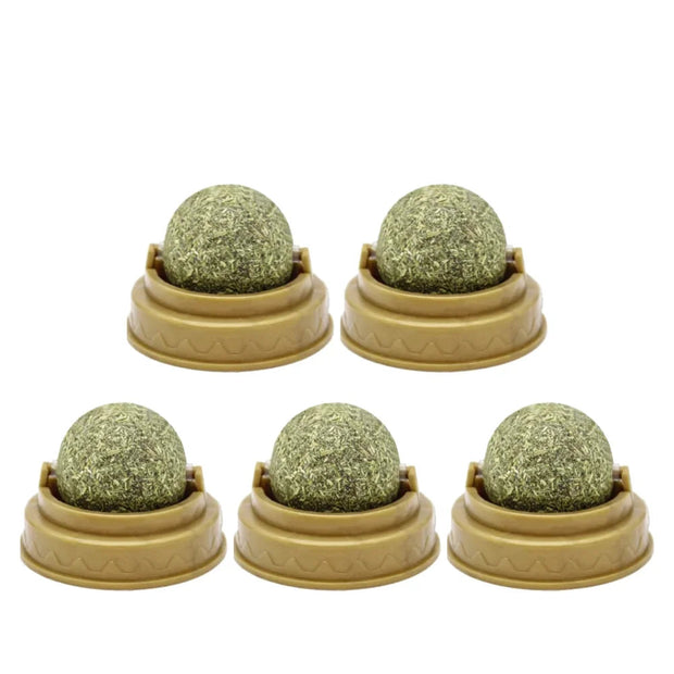 Five green Catnip Ball Toy in beige holders on a white background with '5PCS' in red text.