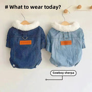 Two Denim Dog Jacket with white fur collars on hangers against a white background.