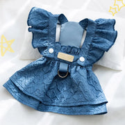 Blue Denim Dog Dress with ruffled straps on a white background