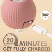 Pink electronic Automatic Moving with LED Light Cat Toy Ball device with USB Type-C connection and charging text on a beige background