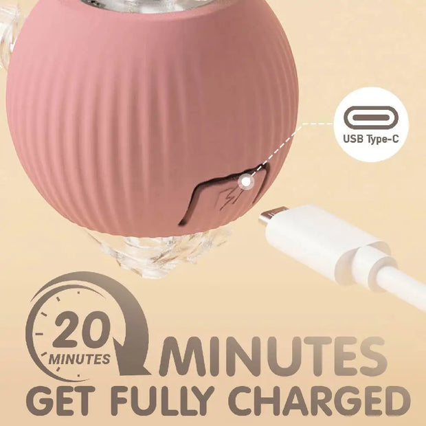 Pink electronic Automatic Moving with LED Light Cat Toy Ball device with USB Type-C connection and charging text on a beige background