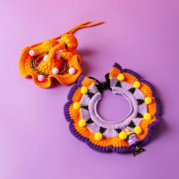 Two Pet Halloween Knitted Collar on a purple background