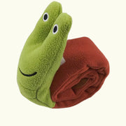 Green Plush Frog Dog Toy with a face and a red blanket on a white background