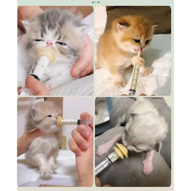 Silicone Syringe Adapter Head Replacement Accessory - Collage of kittens being fed with a 10ml feeding syringe, showcasing safe and gentle feeding for newborn pets.