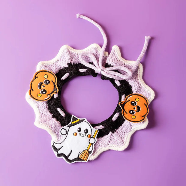 Halloween Knitted Collar Pet decorative wreath with pumpkins and a ghost on a purple background