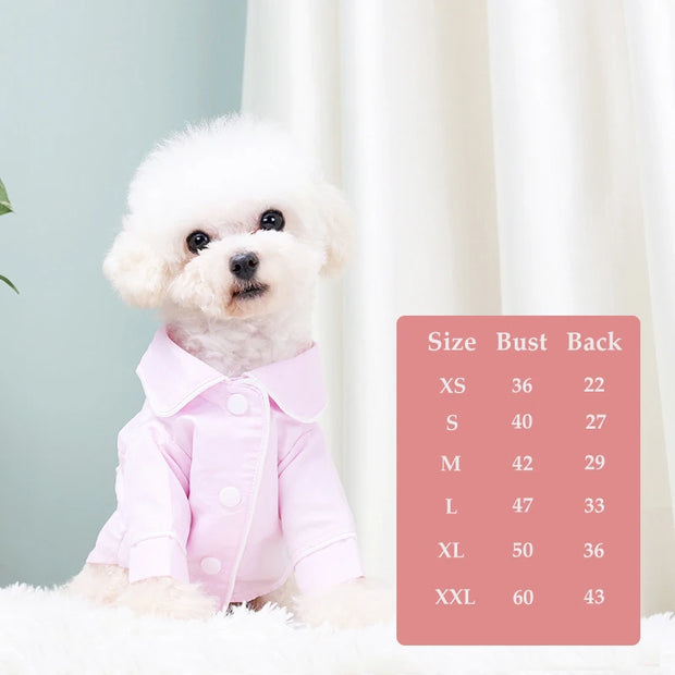 White dog wearing a pink Elegant Pet Shirt with a size chart on a light blue background