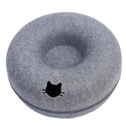 Gray Felt Cat Cave Bed donut-shaped pillow with a black cat silhouette on a white background