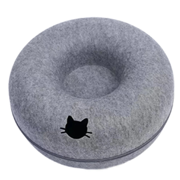 Gray Felt Cat Cave Bed donut-shaped pillow with a black cat silhouette on a white background