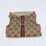 Luxury Pet Outfit Harness Vest And Dress Set with Gucci logo and color stripe on a white background