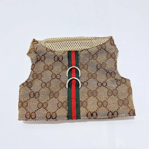 Luxury Pet Outfit Harness Vest And Dress Set with Gucci logo and color stripe on a white background