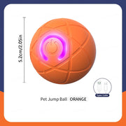 Orange Automatic Obstacle Avoidance Pet Toy Ball with purple center and dimensions on a white background