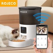 ROJECO Automatic Cat Feeder with Camera and Voice Recorder showing smart app control and dual power supply features.