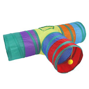 Colorful Collapsible Cat Tunnel Toy  with a ball on a white background