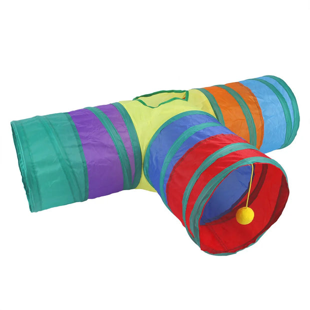 Colorful Collapsible Cat Tunnel Toy  with a ball on a white background