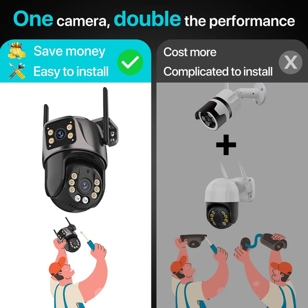 Comparison of a single Smart Outdoor Security Camera versus multiple cameras with text about cost, complexity, and installation ease.