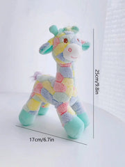 Colorful Plush Giraffe Dog Toy with measurements on a white background