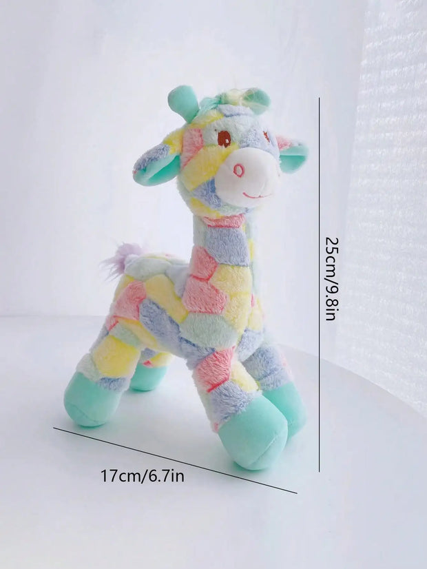 Colorful Plush Giraffe Dog Toy with measurements on a white background