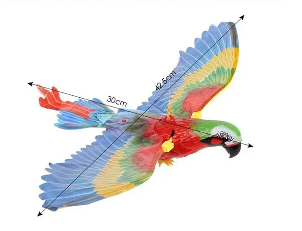 Colorful Electric Flying Bird Cat Toy with measurements on a white background