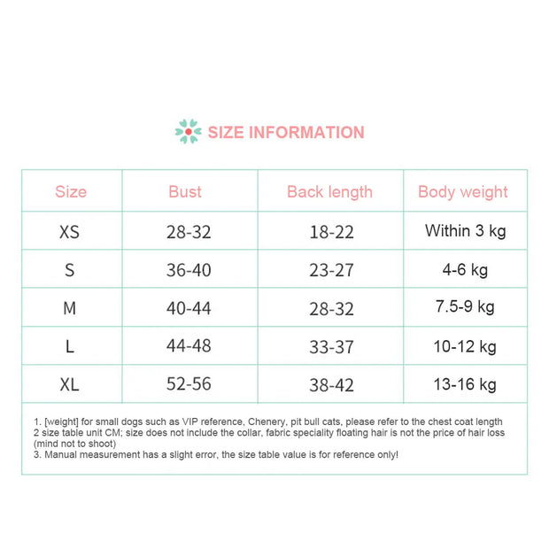 Size information chart for Christmas Dog Sweater with measurements in centimeters and weight ranges.