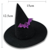 Black Halloween Witch Hat Collection with a purple glittery bat decoration, shown with measurements on a white background.