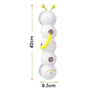 White Caterpillar Interactive Cat Toy with yellow accents and measurements on a white background