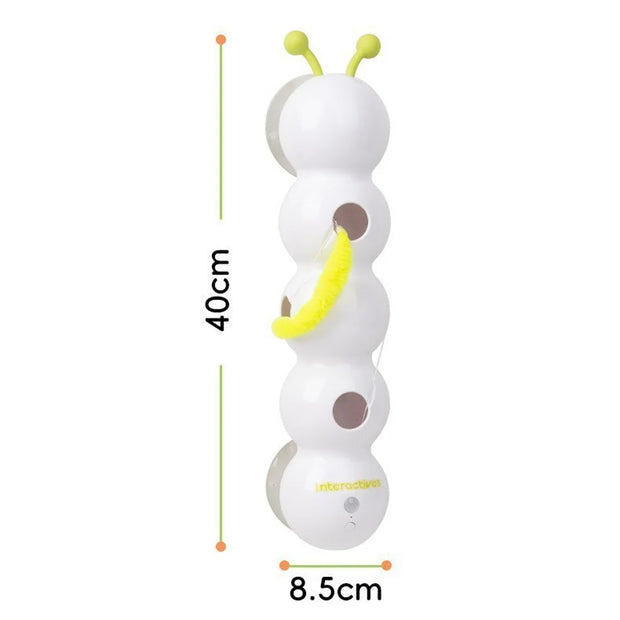 White Caterpillar Interactive Cat Toy with yellow accents and measurements on a white background