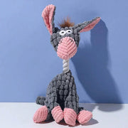 Knitted Plush Animal Rope Dog Toys with pink and gray colors on a blue background