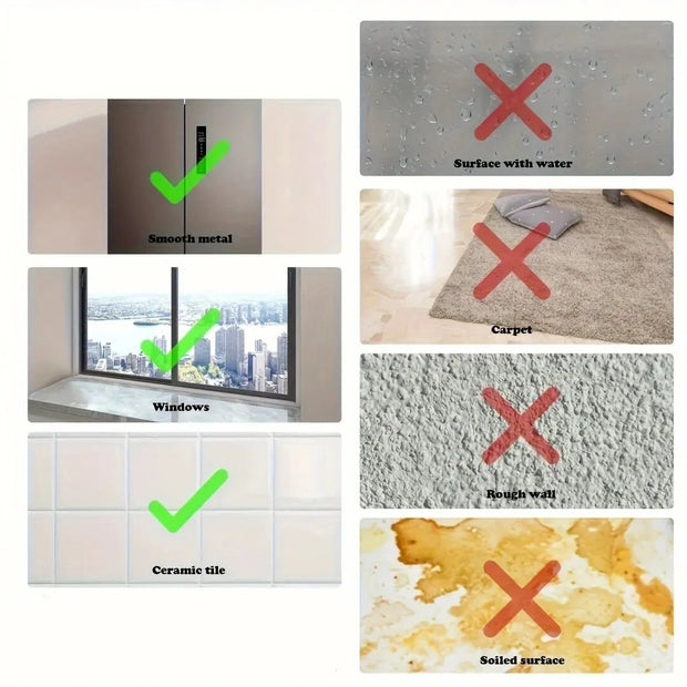 Collage of surfaces suitable and unsuitable for applying a Interactive Cat Toy Wand with Feather with green checkmarks and red crosses.