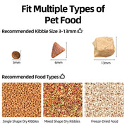 ROJECO Automatic Cat Feeder with Camera and Voice Recorder compatible with dry food of various shapes and sizes, shown with visual food examples.