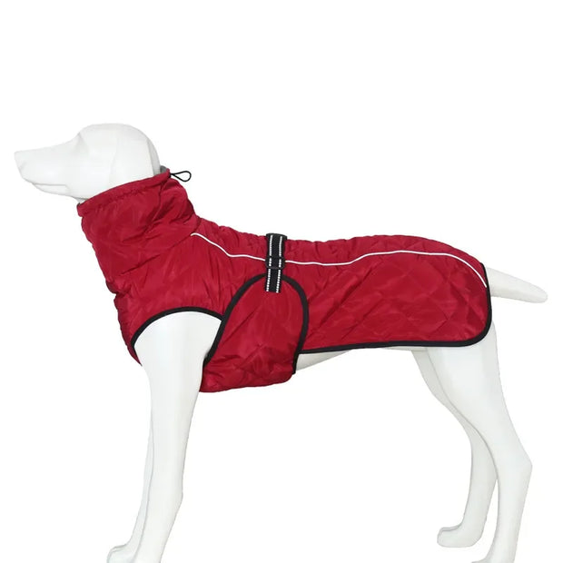 Red dog Windproof and Waterproof Dog Jacket on a mannequin against a white background