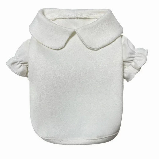 White Puppy Bow Dress Set with ruffled collar on a white background