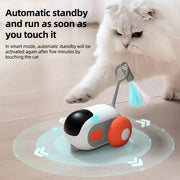Remote Control Interactive Cat Toy Car with text about automatic standby and activation by touching a cat