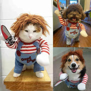 Collage of a cat, dog, and person in Halloween Bat Skeleton Costume with red and white striped shirts and blue overalls.