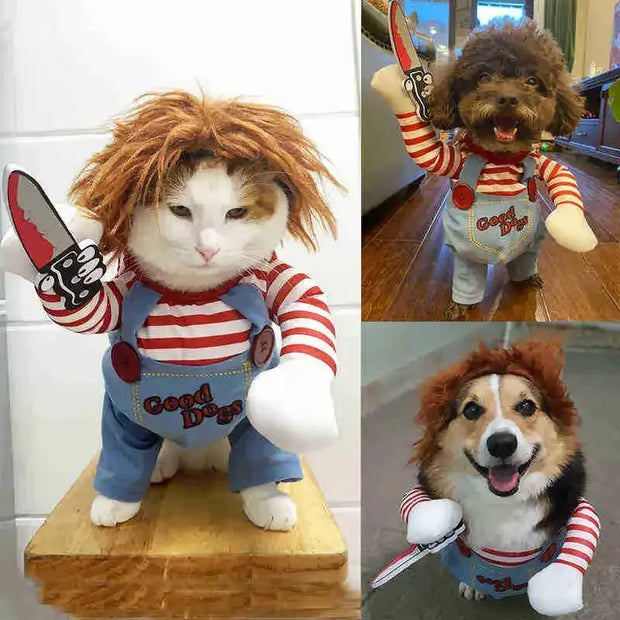 Collage of a cat, dog, and person in Halloween Bat Skeleton Costume with red and white striped shirts and blue overalls.