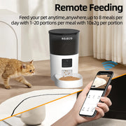 ROJECO Automatic Cat Feeder with Camera and Voice Recorder on a kitchen floor, dispensing dry food with cat nearby.